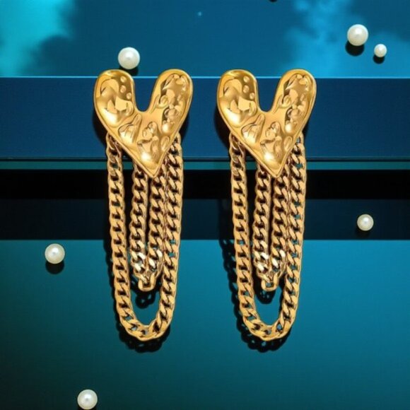 🆕️ 18K Gold Plated Heart Tassel Earrings 💖 Trendy Chain Statement Jewelry - Picture 3 of 13